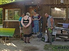 mature blonde diana begs for cum from two strangers on her huge saggy tits outdoors