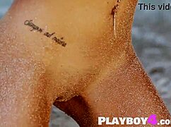 Sexy big tits blonde milf poses intensely on beach before exposing hot naked body