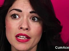 Feisty fuck doll swaps cum from bukkake blowbang facial handjob eating every jizz drop pov