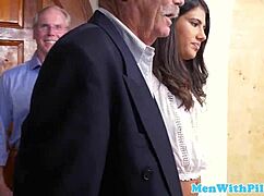 Chatty busty Latina takes senior's cock deep in pussy