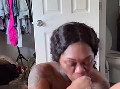 Big black cock gets sloppy ebony blowjob facial cumshot to start the day