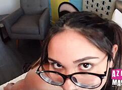 kaia martin, the 18 yo college cutie with pigtails and glasses, bends over for deepthroat doggystyle and facial cumshot