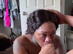 Big black cock gets sloppy ebony blowjob facial cumshot to start the day