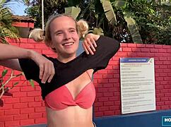 afternoon quickie with cute pigtail babe lolipop riding mark pirson's big cock poolside