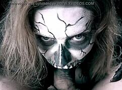 Skeleton girl on halloween slurps n jerks monster cock til cumshot blast