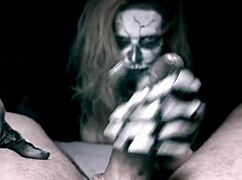 Skeleton girl on halloween slurps n jerks monster cock til cumshot blast