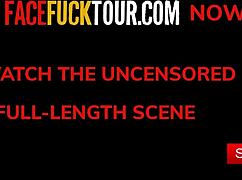 Skinny brunette's throat destroyed by monster cock in rough upside-down pov