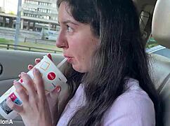 How many times did she pee on this 14-hour road trip with wet pussy flashes in public toilets?