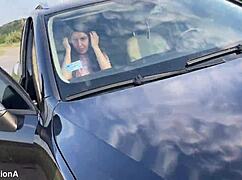 How many times did she pee on this 14-hour road trip with wet pussy flashes in public toilets?