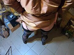 smoking milf goddess demands cum facials on her long jacket while hubby watches helplessly