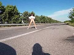 How many times did she pee on this 14-hour road trip with wet pussy flashes in public toilets?