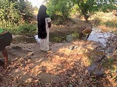 Shy village ebony bends over outside for rough BBC doggystyle on the ranch!