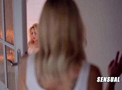Blonde lesbian cuties kiss and finger each other