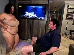 bbw teases stripping before sucking white guy's throbbing black cock