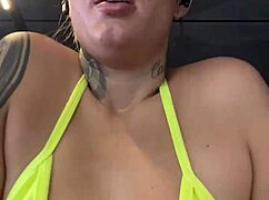 Tanned gym slut's wet pussy drips in public bikini