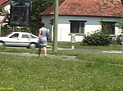 voyeur catches hungarian redhead bbw milf with huge melons peeing outdoors in public