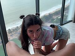 skinny pigtail teen bends over outdoors for pov cowgirl ride and creampie if you sink ten hoops, babe