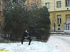 voyeur catches hungarian redhead bbw milf with huge melons peeing outdoors in public