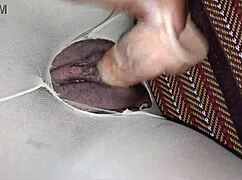 shaved tight pussy gets fucked through ripped stockings till creampie overflows her wet hole