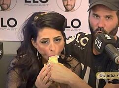 Latina hotwife sneaks sultry sloppy blowjob to podcast host while hubby listens nearby