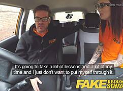 American teen 18+ gets anal creampie from british instructor during fake driving school lesson in the car.