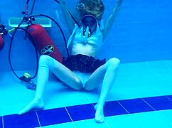 Sitting by the pool with sexy Ashlee Rose skinny tits underwater tease