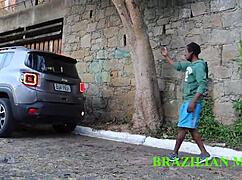 Heart pounding as valet rams mature milf boss with monster black cock on busy street in red sheer outfit