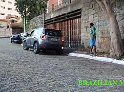 Heart pounding as valet rams mature milf boss with monster black cock on busy street in red sheer outfit