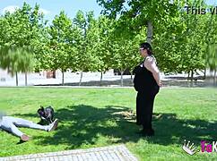 bbw milf mae quira flaunts massive tits while chatting publicly on street