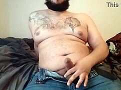 chubby guy strokes fat monster cock desperately trying better angles for huge cumshot release