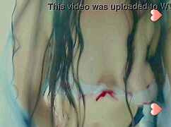 yo this wet horny student teen in shower plays with her big natural tits masturbatin close up naughty