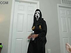 ghostface stud gets sloppy milf handjob in lingerie halloween roleplay cumshot