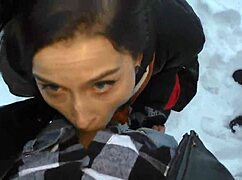 two girls take turns warming up a cock outdoors in the snow