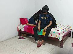 cuckold guy leaves but keeps masturbating while she shakes her huge latina ass in lingerie uniform