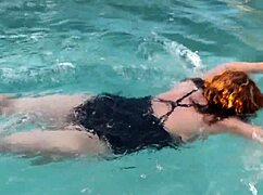 Stepmom flashing her big tits poolside? We jerk off and cum deep in hairy pussy!