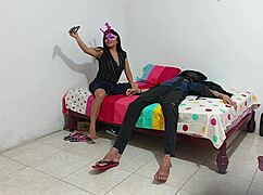 cuckold guy leaves but keeps masturbating while she shakes her huge latina ass in lingerie uniform