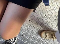 Pigtail latina teen flashes shaved pussy publicly then creampied on bus