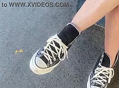 Pigtail latina teen flashes shaved pussy publicly then creampied on bus