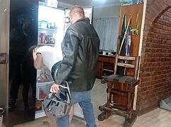 biker pounds my pussy hard against kitchen fridge real homemade fuck