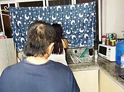 Old stepfather bends over his stepdaughter in the kitchen licking her big clit before fucking her tight wet pussy with monster cock