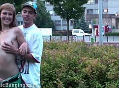 pretty blonde teen 18+ fucked outdoors by 2 guys street orgy blowjob pussy