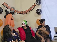 Stepmom stepdaughter stepson rip clothes for halloween threesome fun