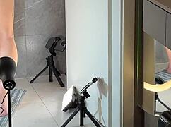 amazing skinny brunette cheerleader with huge natural tits teases in skirt for casting handjob