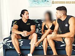 Wow, sexy petite Venezuelan slut pounded hard by two muscular bodybuilder guys in amateur threesome!