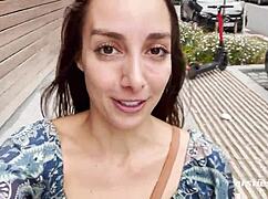 exhibitionist ana flashes her shaved pussy outdoors fingering clit in public for ersties