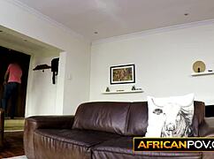 I'm banging busty African MILF in maid lingerie at fake job interview