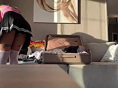 amazing skinny brunette cheerleader with huge natural tits teases in skirt for casting handjob