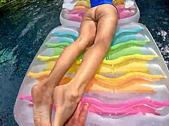 skinny blonde amateur rides big cock poolside in lingerie after oral