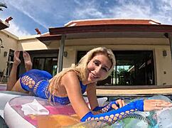 skinny blonde amateur rides big cock poolside in lingerie after oral