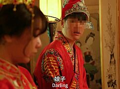 chinese bride in wedding dress takes amateur creampie from groom's big cock